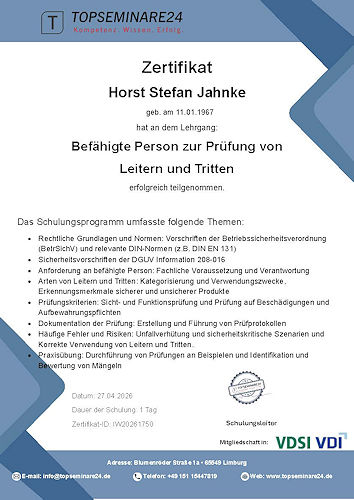 Bef&auml;higte Person zur Pr&uuml;fung von Leitern und Tritte Topseminare24